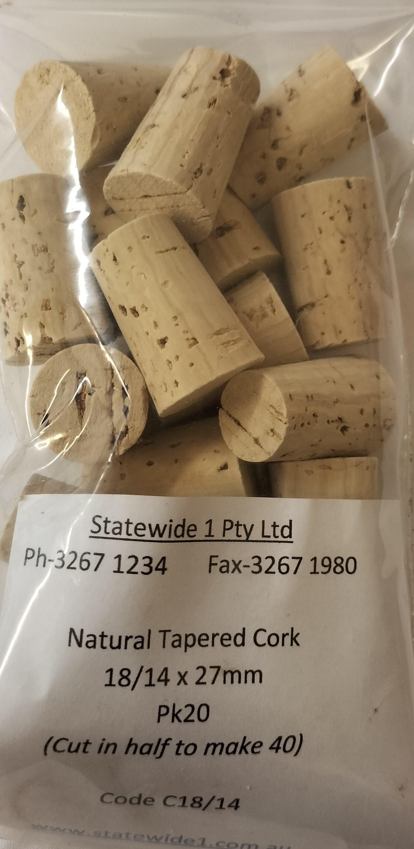 Corks Natural Tapered 18/14 x 27mm Pk20 (cut in half to make 40)
